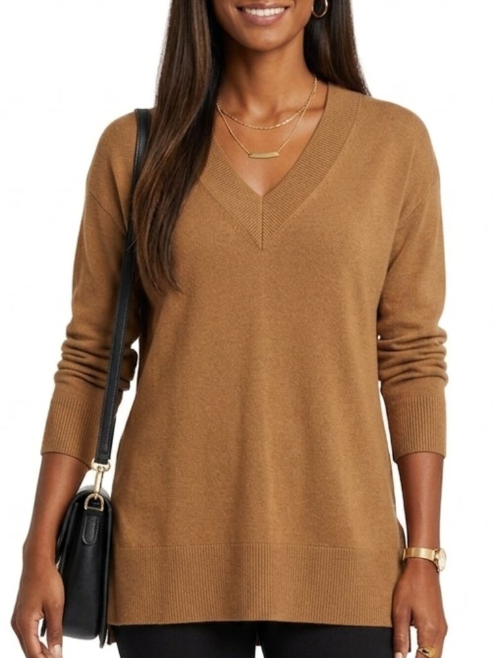 DG2 Collection Brown V-Neck Sweater Classic Knit Pullover Minimalist Office L